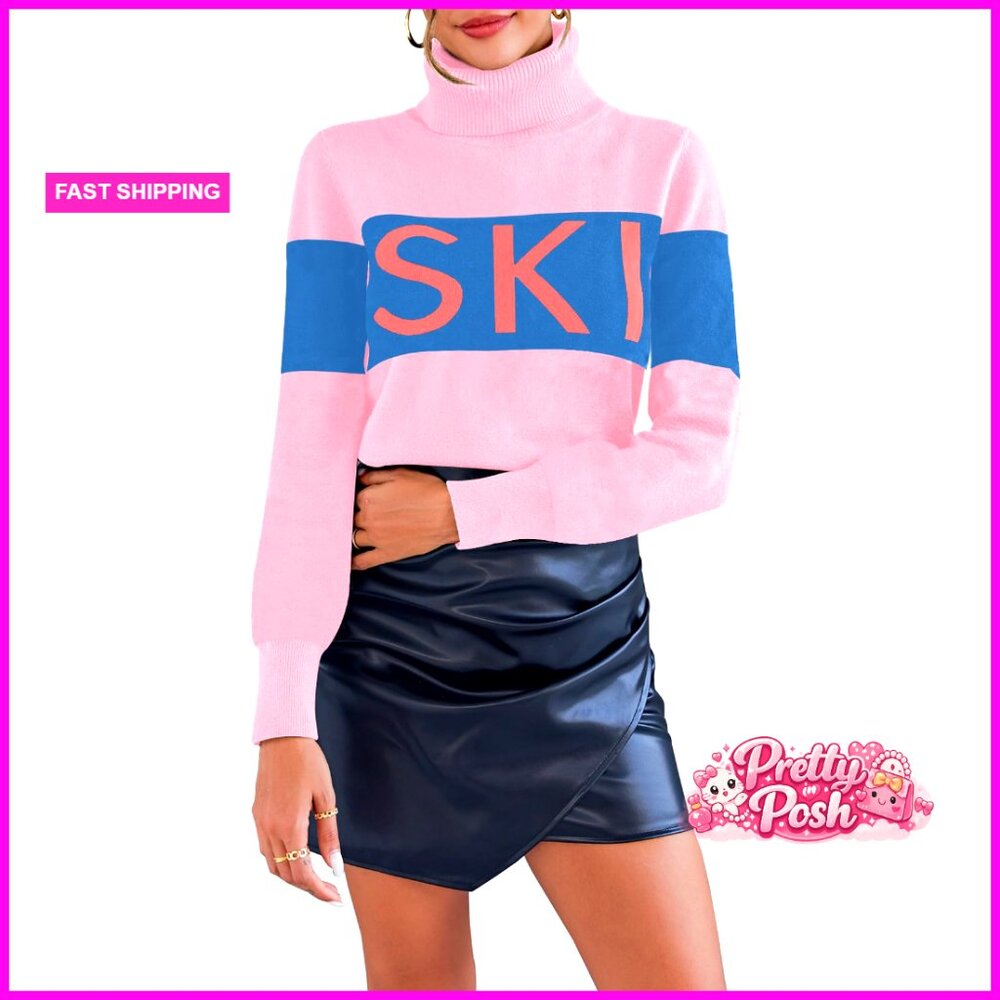 Tight Knit Ski Sweater Turtleneck Top Color Block Pullover XS-L